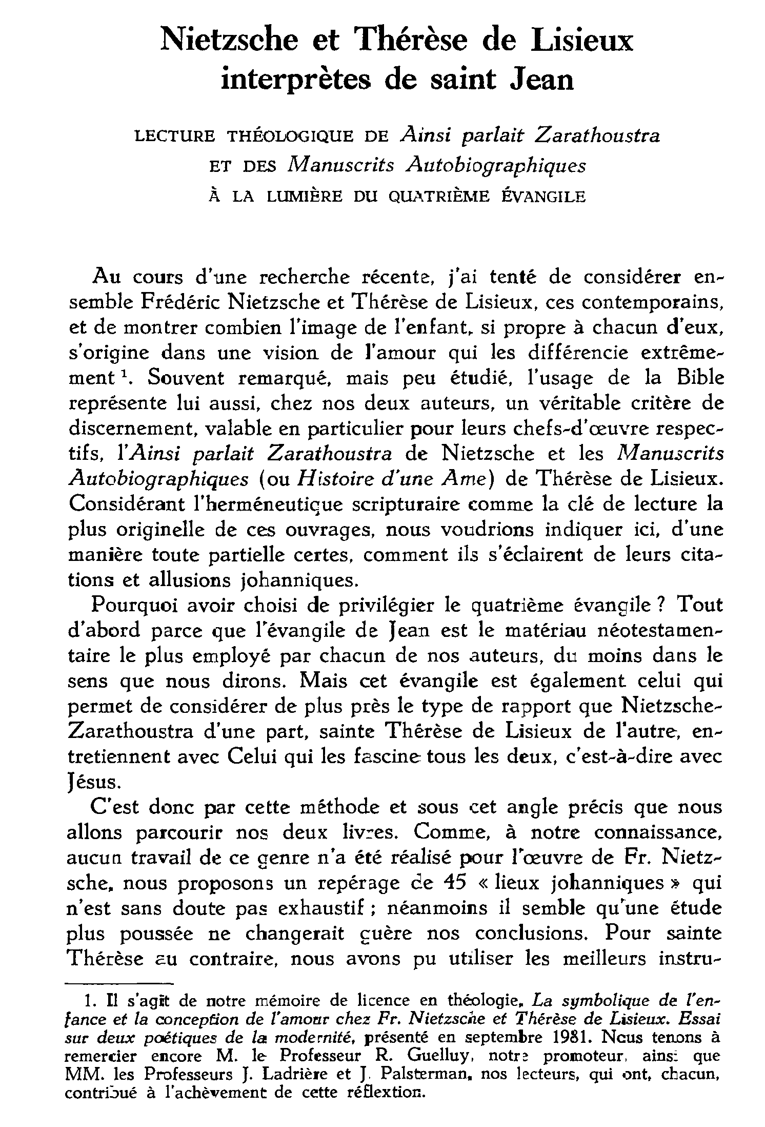 Nietzsche et Thérèse de Lisieux, interprètes de saint Jean