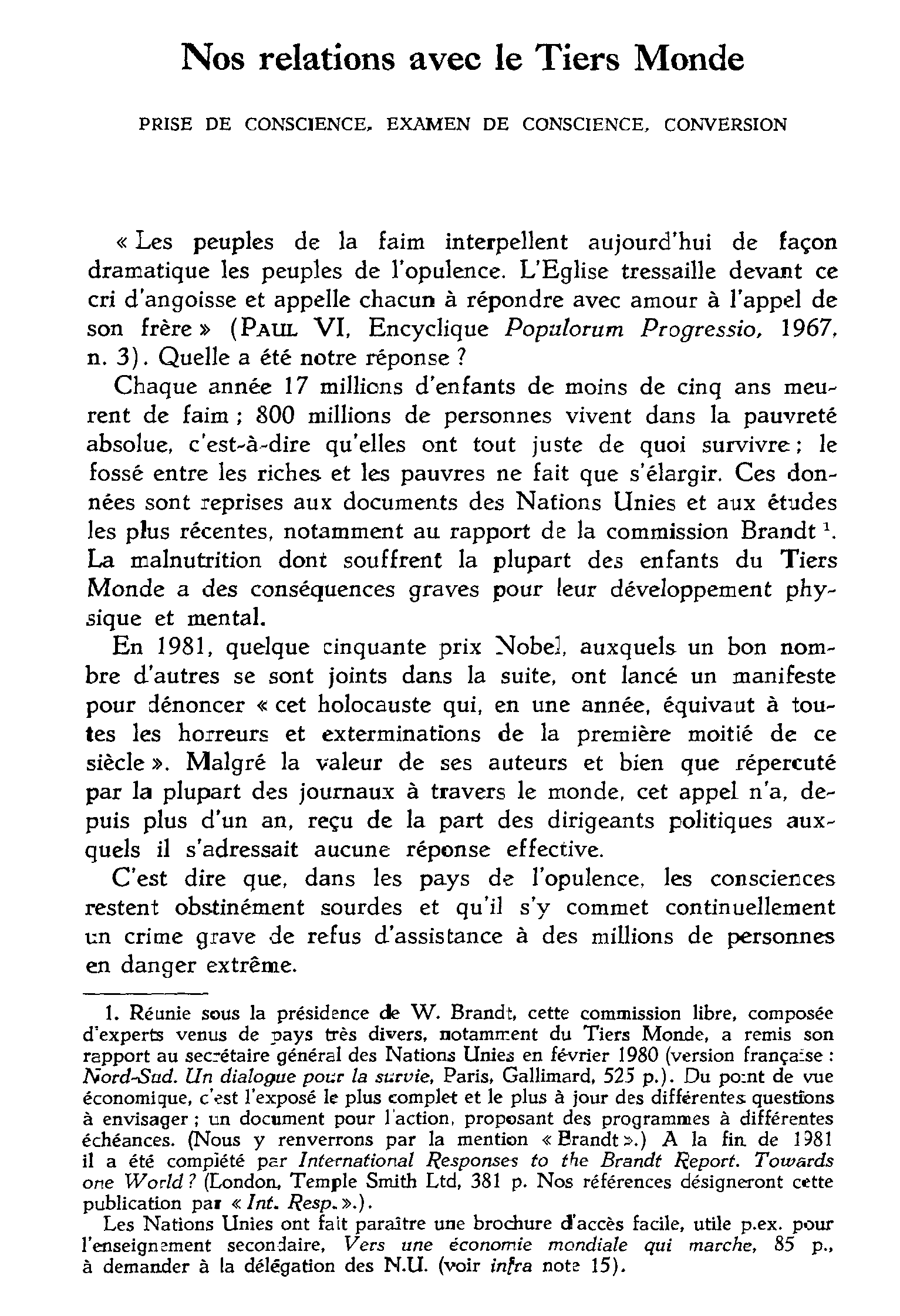 Nos relations avec le Tiers Monde. Prise de conscience, examen de conscience, conversion