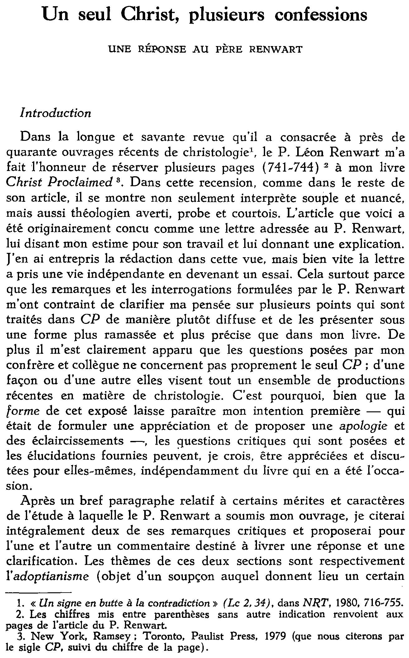 Un seul Christ, plusieurs confessions. Une réponse au Père Renwart