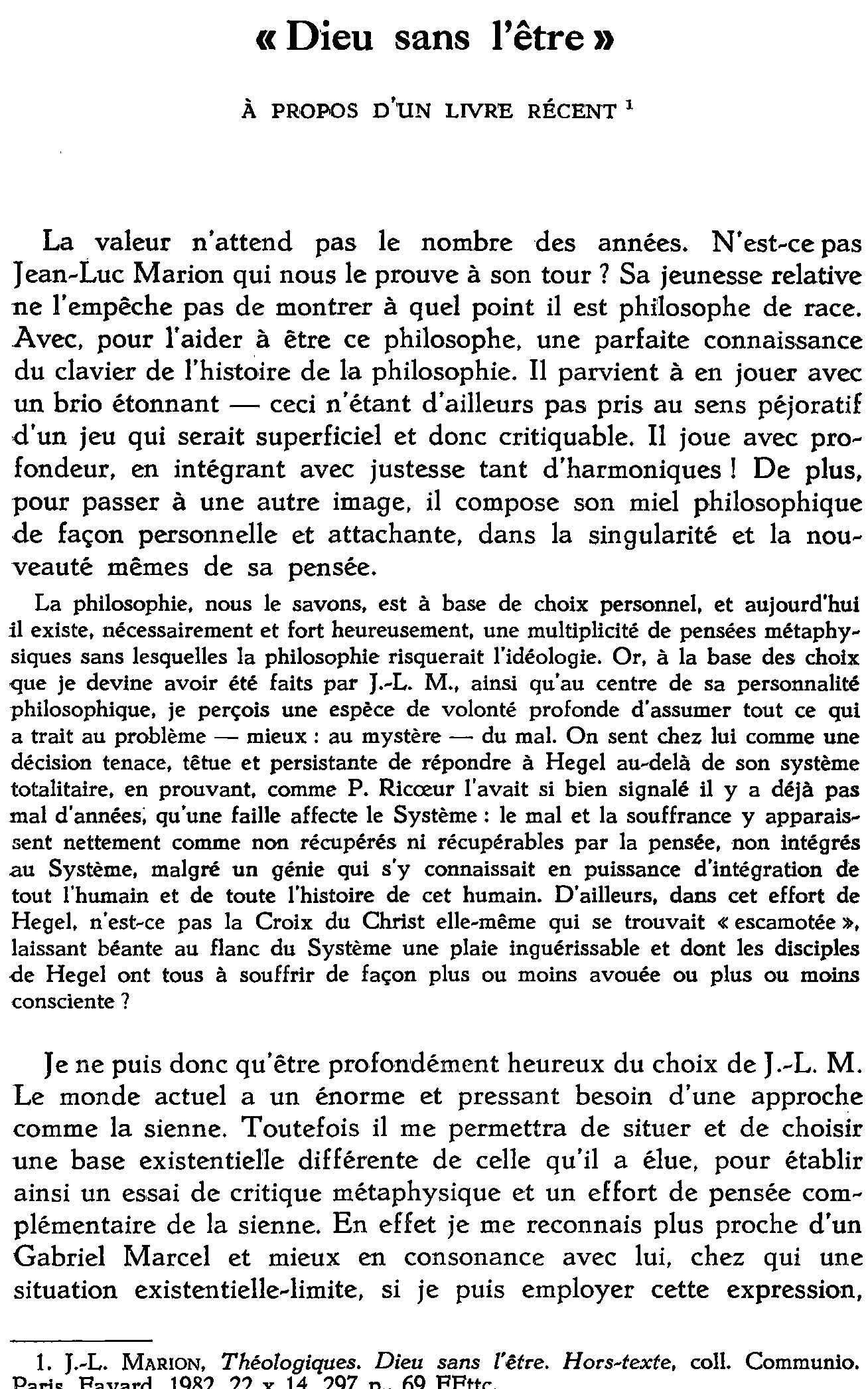 «Dieu sans l'être». À propos d'un ouvrage récent