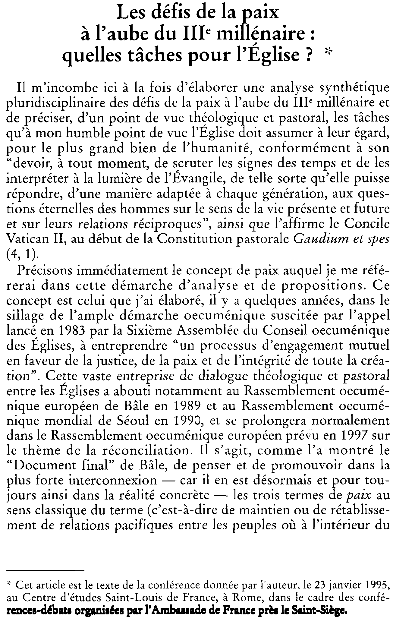 Les défis de la paix à  l'aube du IIIe millénaire: quelles tâches pour l'Église?