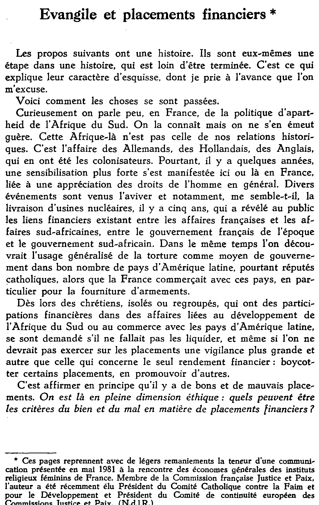 Évangile et placements financiers
