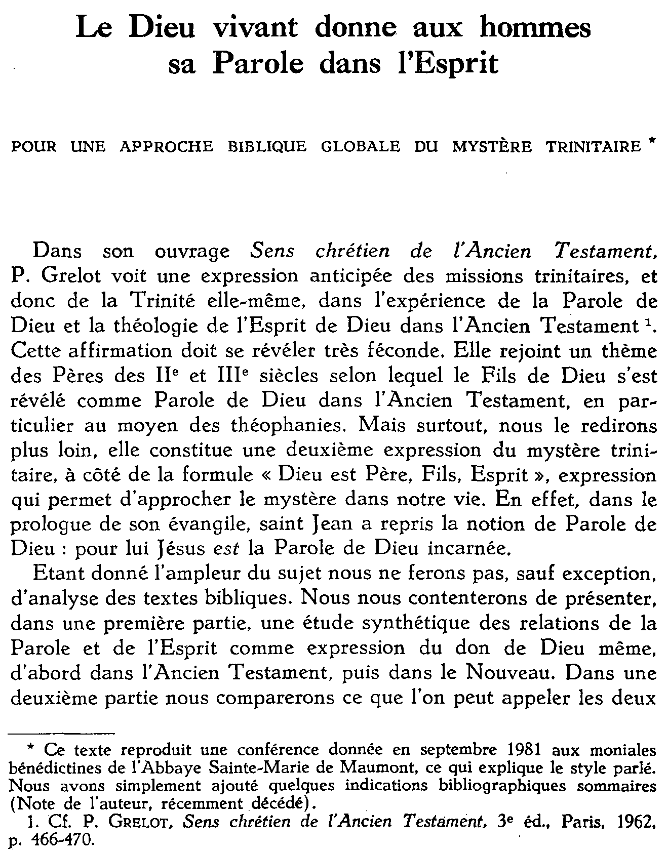 Le Dieu vivant donne aux hommes sa Parole dans l'Esprit