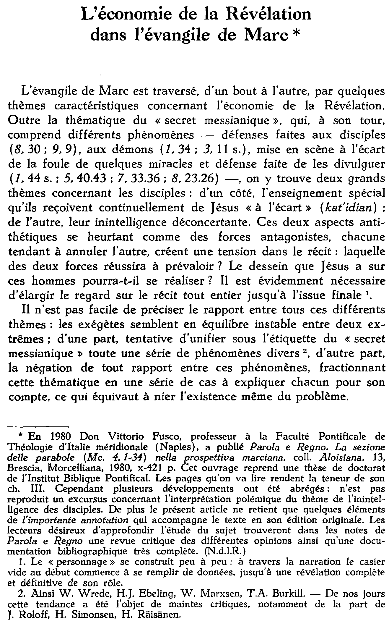L'économie de la Révélation dans l'évangile de Marc