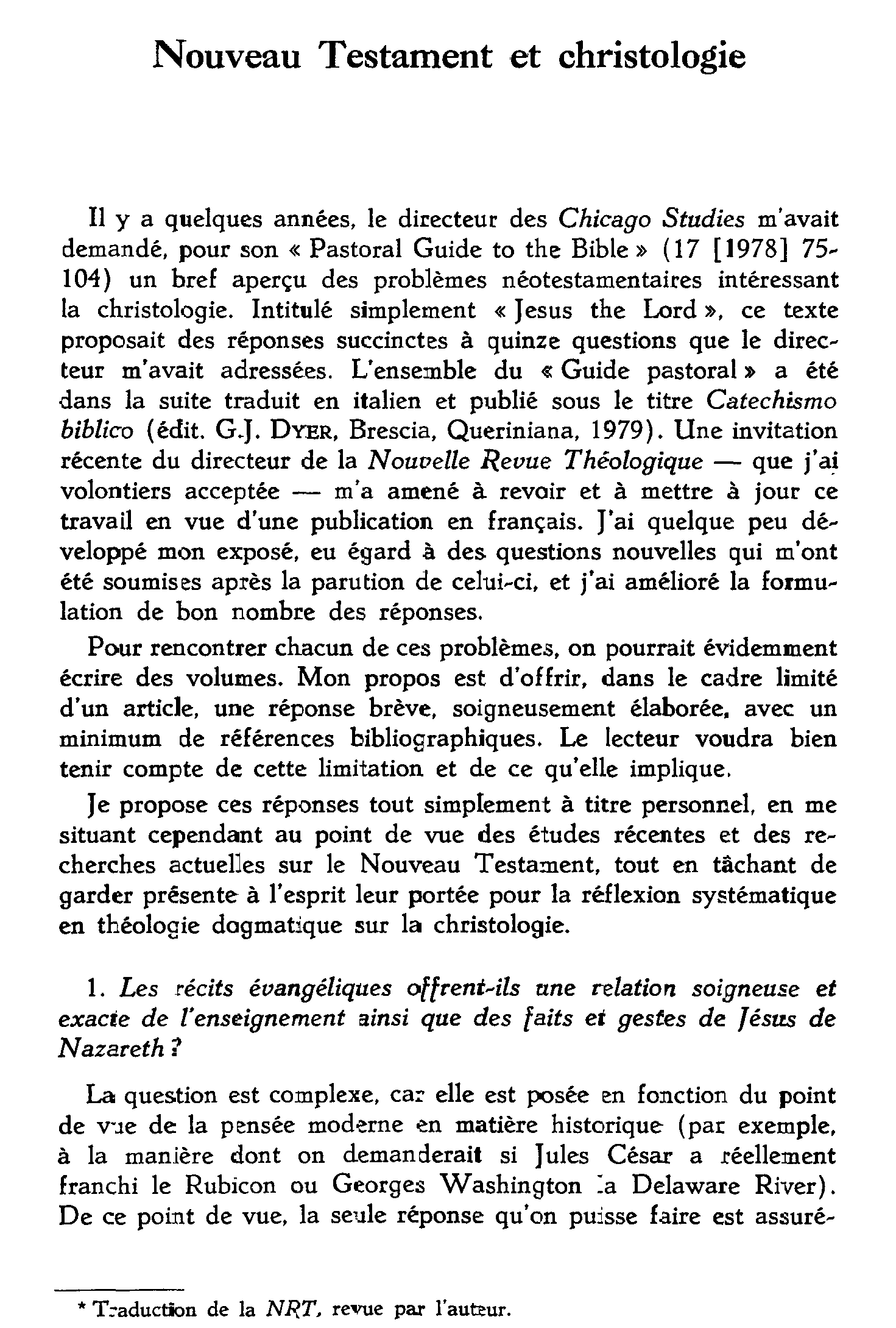 Nouveau Testament et christologie. Questions actuelles (à suivre)