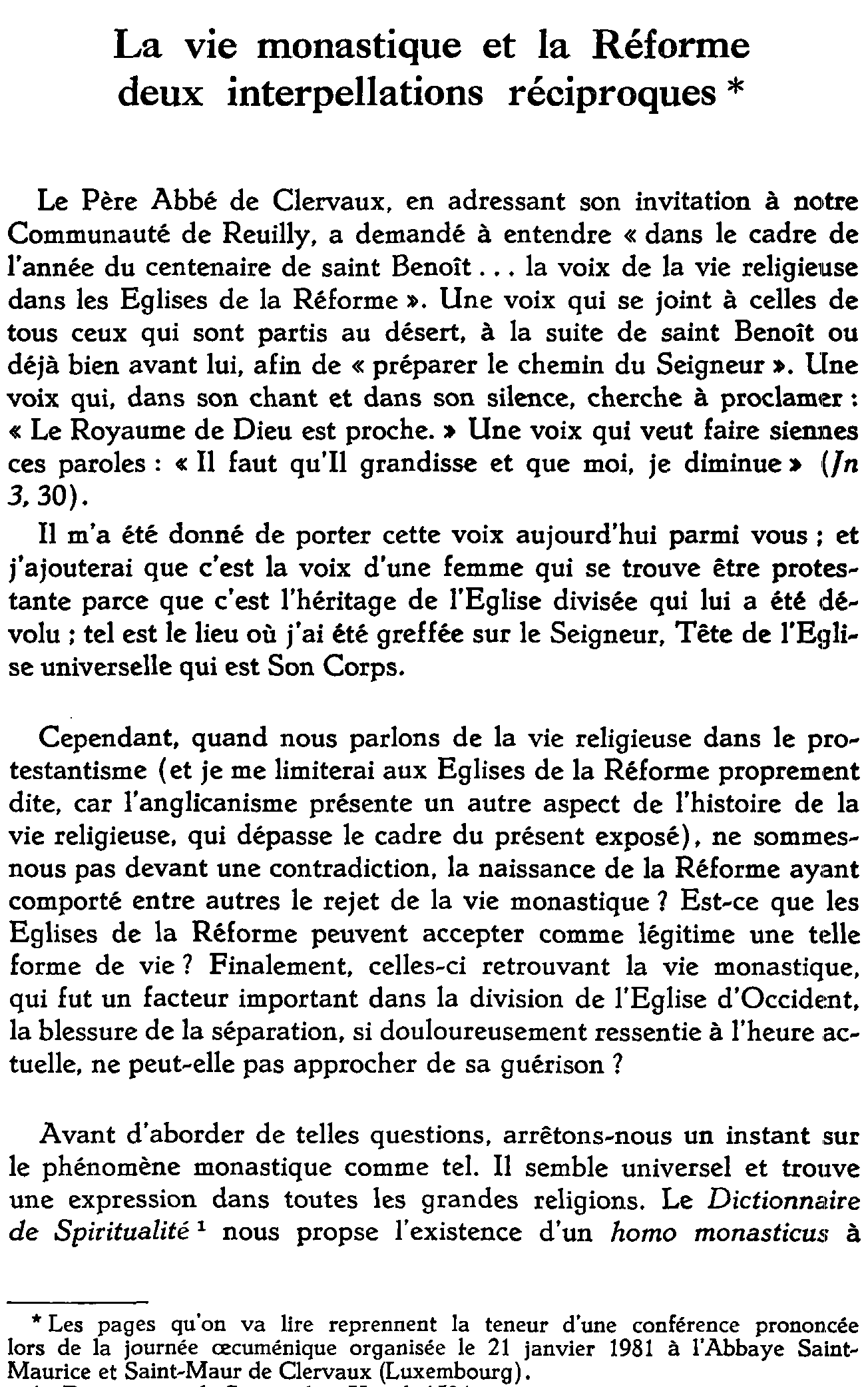 La vie monastique et la Réforme: deux interpellations réciproques
