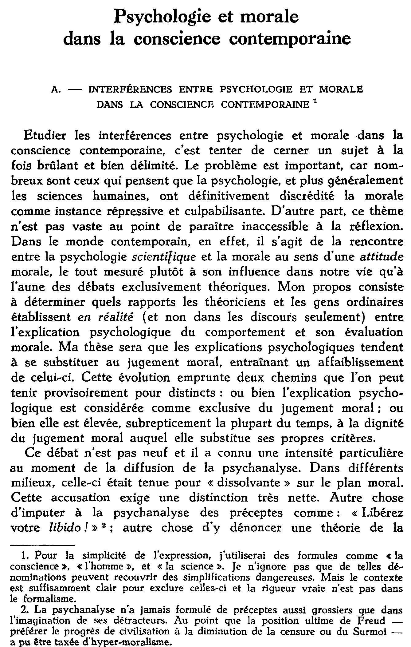 Psychologie et morale dans la conscience contemporaine